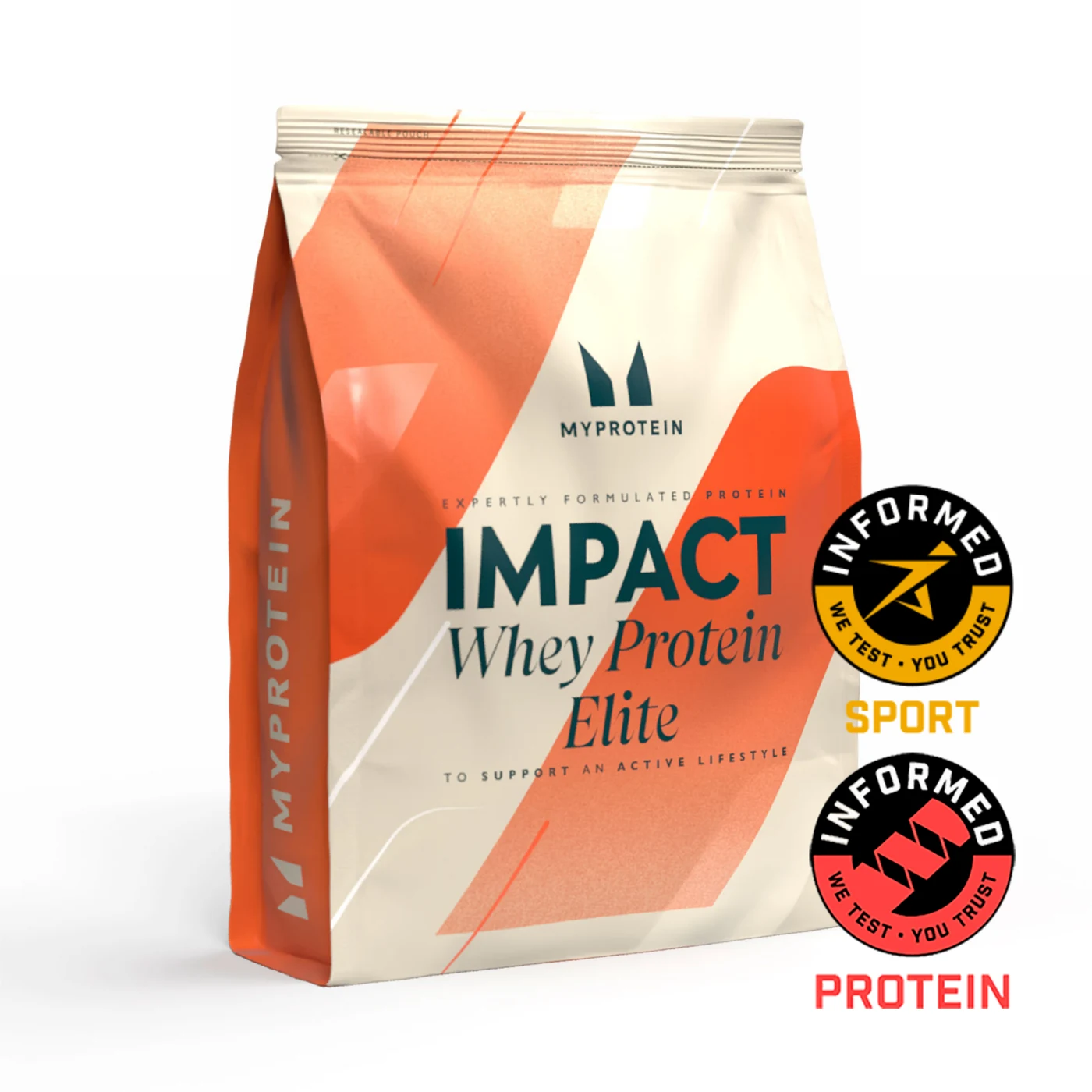 Orange and cream MyProtein Impact Whey Elite protein pouch.
