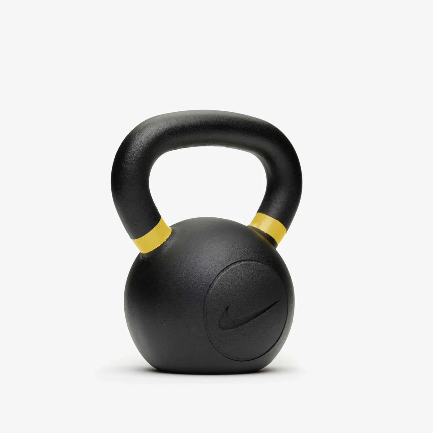 Black Nike kettlebell with a yellow handle band.