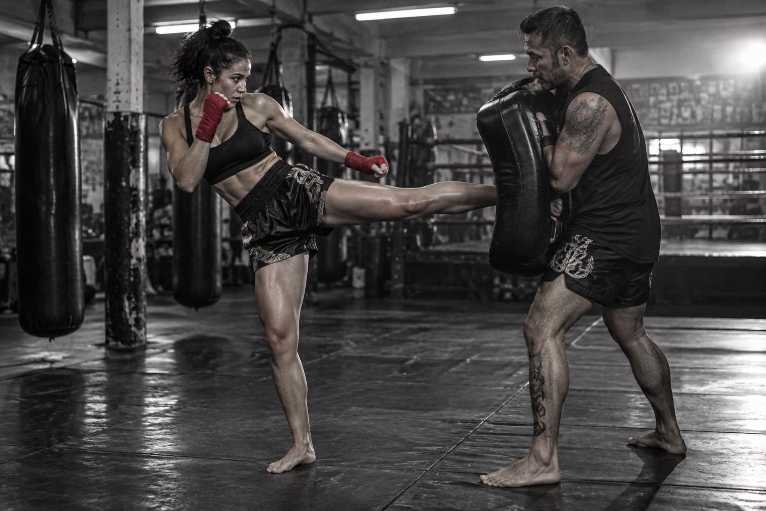 Two boxers spar in a gym
